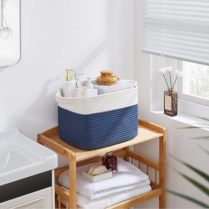 OIAHOMY Storage Baskets - Woven Cotton Rope Baskets for Shelves, Toy Towel Organizer Bins, Pack of 3, Blue & White-Ruum Studio Home