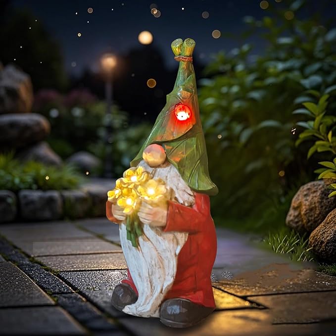 COWOS Garden Gnome Statue Outdoor Decor, Solar Garden Gnome Figurine Light, Resin Statues Sculpture for Patio Yard Lawn Outdoor Decorations-Ruum Studio Home