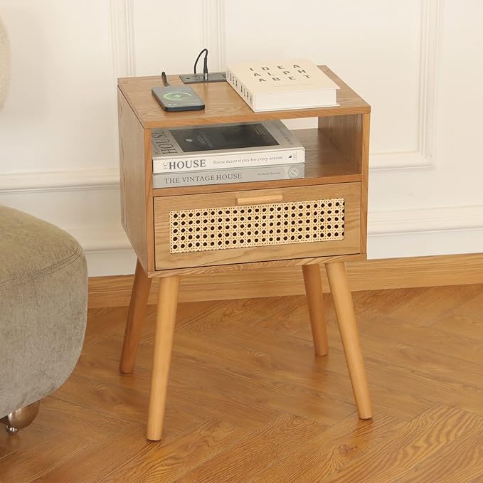 MaxSmeo Mid Century Modern Nightstand with Charging Station, Bedside Tables with Rattan Drawer, Small Wood Nightstand Side Table for Living Room,Bedroom (Brown)-Ruum Studio Home