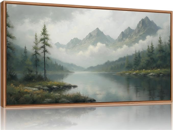 SIGNINART Large Misty Mountain Framed Canvas Wall Art, Green Forest River Scenery Wall Decor, Modern Foggy Wooden Landscape Artwork, Oil Style Nature Art Print for Living Room Bedroom Office 20"x40"-Ruum Studio Home