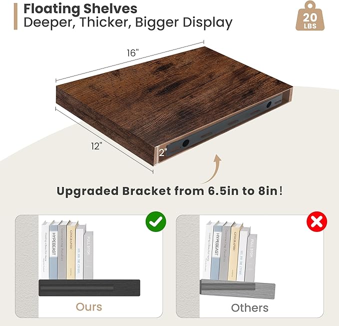 Heimlove 12 Inch Deep Floating Shelves, 16 x 12 inches Long Wall Shelf, Large Extra Display Shelf & Storage Shelf, Rustic Wood Wall Shelves for Fireplace Mantel, Brown - 2Pack-Ruum Studio Home