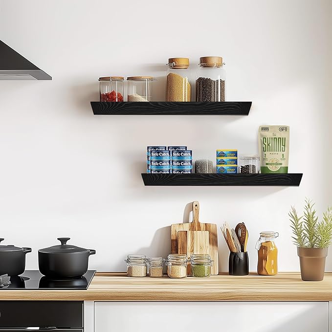 24"x6.8"x1.6" Slanted Floating Wall Shelves 2-Pack - Rustic Black Finish, Heavy-Duty Solid Wood Design with Hidden Brackets - Perfect for Living Room, Kitchen, Bathroom, or Office-Ruum Studio Home