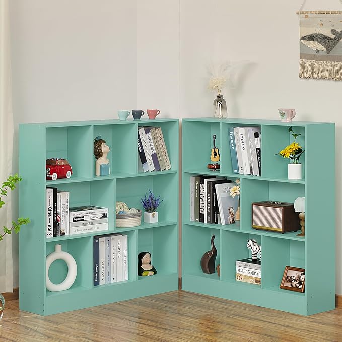 LEYAOYAO 8 Cube Bookshelf with Base,3 Tier Modern Mint-Green Kids Bookcase,Standing Wide Bookshelves Storage Organizer Toy Shelf,Wood Display Children's Book Shelves for Bedroom,Living Room,Nursery-Ruum Studio Home