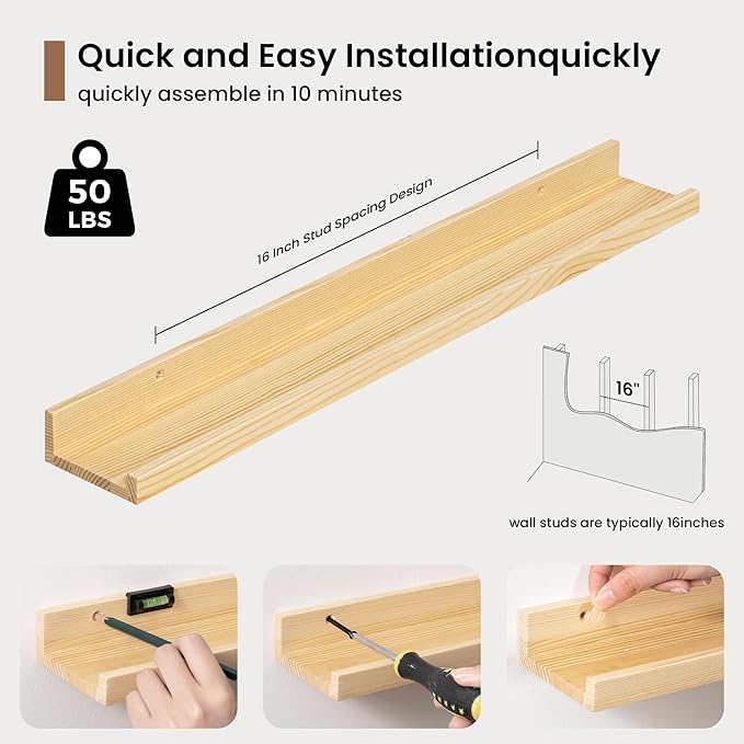 Picture Ledge Shelf, Solid Pine Wood Floating Shelves Set of 2, 24 Inches Nursery Book Shelves for Toys Storage, Kids Bookshelf Wall Mounted for Living Room Decor Photo Frames, Unfinished Natural-Ruum Studio Home