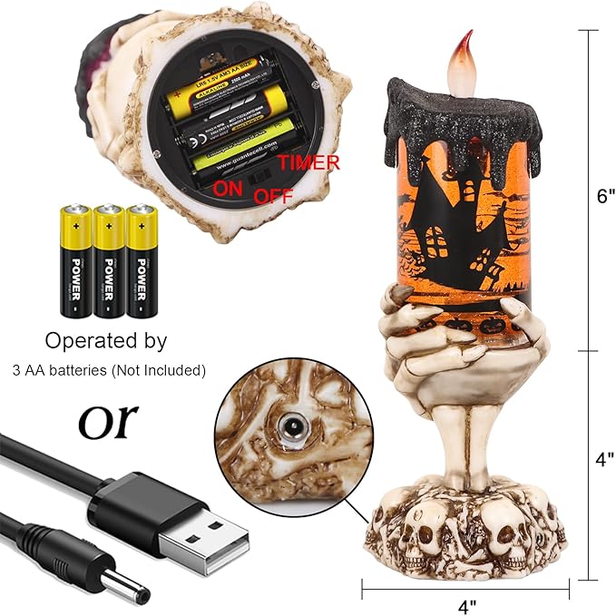 Eldnacele Halloween Snow Globe Candles Lighted Lamp USB Powered Battery Operated Spooky Spinning Water Glittering Tornado Flameless Candles Skeleton Hand Holder Halloween Centerpiece Decor(Castle)-Ruum Studio Home