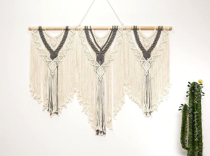 guzhiou large macrame wall hanging - Boho Tapestry Macrame Wall Decor Art- Chic Bohemian Handmade Woven Tapestry Home Decoration for Bedroom Living Room Apartment Wedding Party - 43"x32" (Beige-grey)-Ruum Studio Home