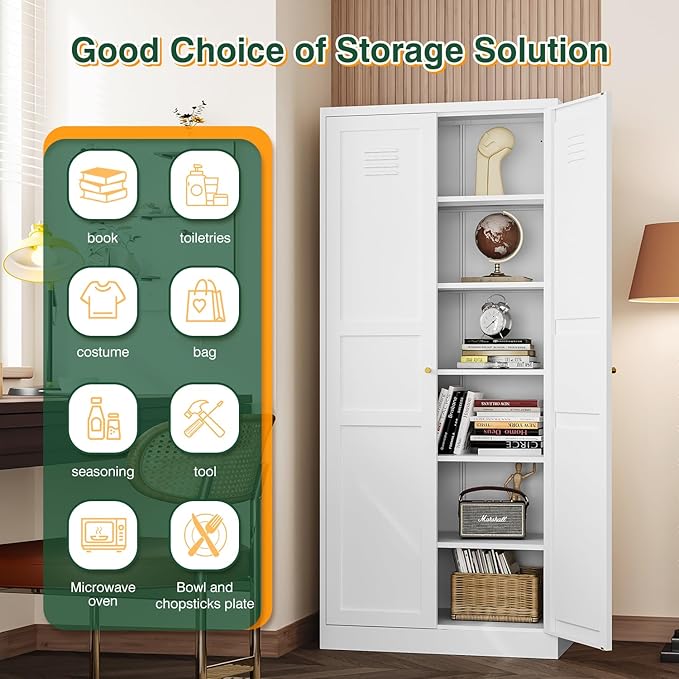 Letaya White Storage Cabinet with Adjustable Shelves-Metal Home Kitchen Pantry Cabinets with Doors,Organization Locker for Cupboard/Bedroom/Dining/Living/Bathroom/Office/Garage Room-Ruum Studio Home