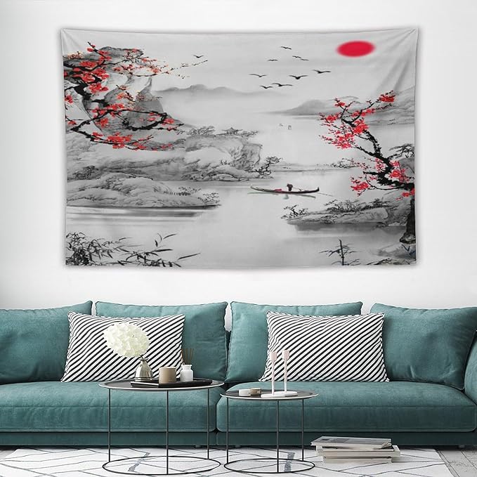Cherry Blossoms Tapestry, Japanese Red Landscape Watercolor Abstract Art, Asian Japanese Wall Tapestry, Nature Landscape Tapestries for Bedroom Living Room Decor 60"x40"-Ruum Studio Home