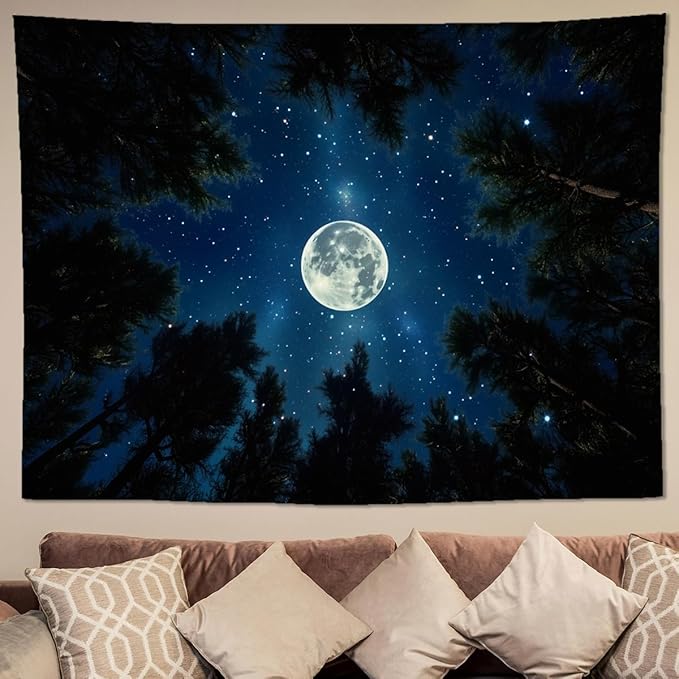 keowhsf Forest Galaxy Tapestry for Bedroom Ceiling - Starry Night Sky with Moon and Trees, Blue Aesthetic Wall Hanging, Milky Way Landscape Backdrop for Living Room and Dorm Decor-Ruum Studio Home