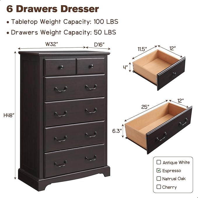 T4TREAM 6 Drawers Dresser Chests for Bedroom, 48" Tall Rustic Chset of Drawers, Wood Dressers Organizer for Bedroom, Living Room,Hallway, Espresso-Ruum Studio Home