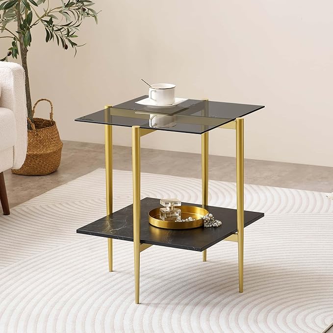 Glass End Table, Mid-Century Modern Design Sofa Table, for Living Room, L18 x W18 x H23 in, Clear Glass Top and Walnut MDF Shelf, Sleek Conical Metal Legs with Gold Finish Frame-Ruum Studio Home