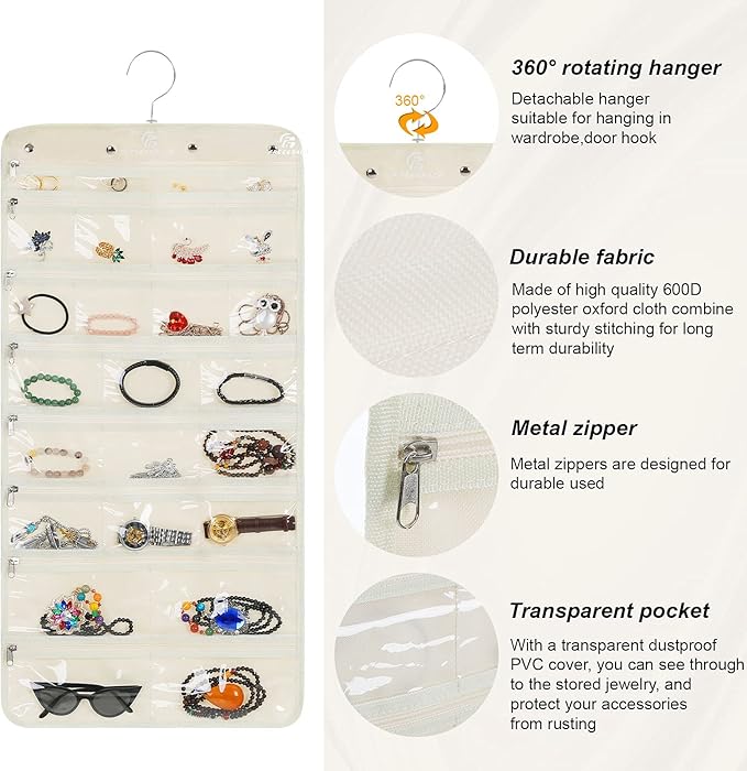 Freegrace Hanging Jewelry Organizer Revolving Hanger - Secure Zipper Closure - 50 Pockets - Foldable Storage & Display Solution - For All Jewelry & Bijoux (Beige)-Ruum Studio Home
