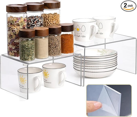 Acrylic Clear Kitchen Rack for Dishes, Spices Jars and Mugs, Kitchen Counter Cabinet Organizer, Clear Spice Rack Shelves, 5mm Thick, 2 Pack-Ruum Studio Home