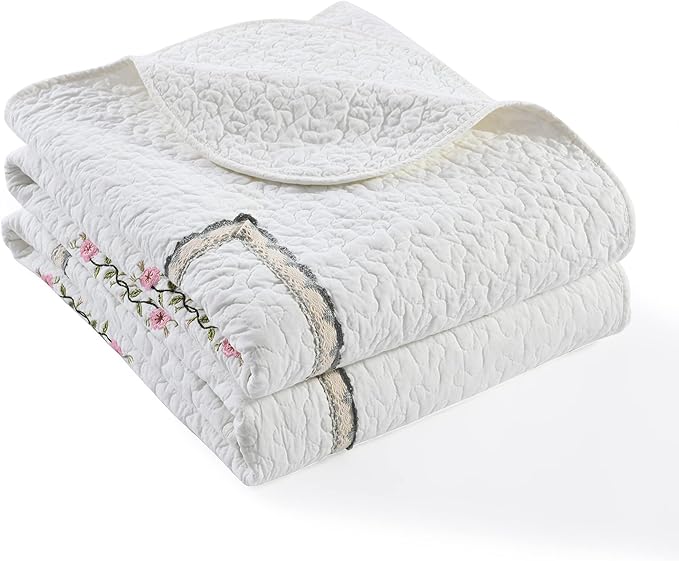MarCielo 3-Piece 100% Cotton Oversized Bedspread Lightweight Quilt Coverlet Embroidery Farmhouse Bedding Set (Sakura White, Oversized Queen (100"x106"))-Ruum Studio Home