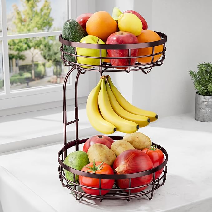 Fruit Basket for Kitchen Counter - 2-Tier Large Capacity Fruit Bowl with Detachable Banana Hanger, Rust-Proof Metal Fruit Holder for Vegetables, Bread, Toiletry,10" D x 10" W x 14" H, Brown.-Ruum Studio Home