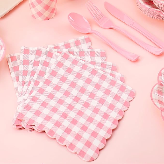 175 Pcs Pink Gingham Plates and Napkins Party Supplies - Pink and White Checkered Plates Sets Serve 25 Guests - Scalloped Gingham Paper Plate for Birthday Wedding Picnic Party Decorations-Ruum Studio Home
