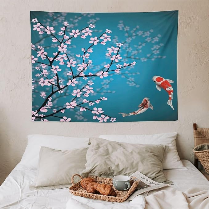 Japanese Koi Fish Tapestry, Cherry Blossoms Asian Oriental Green Teal Flower Branch Koi Fish Carp Tapestries Wall Hanging for Bedroom Living Room Office Decor 40"x30"-Ruum Studio Home