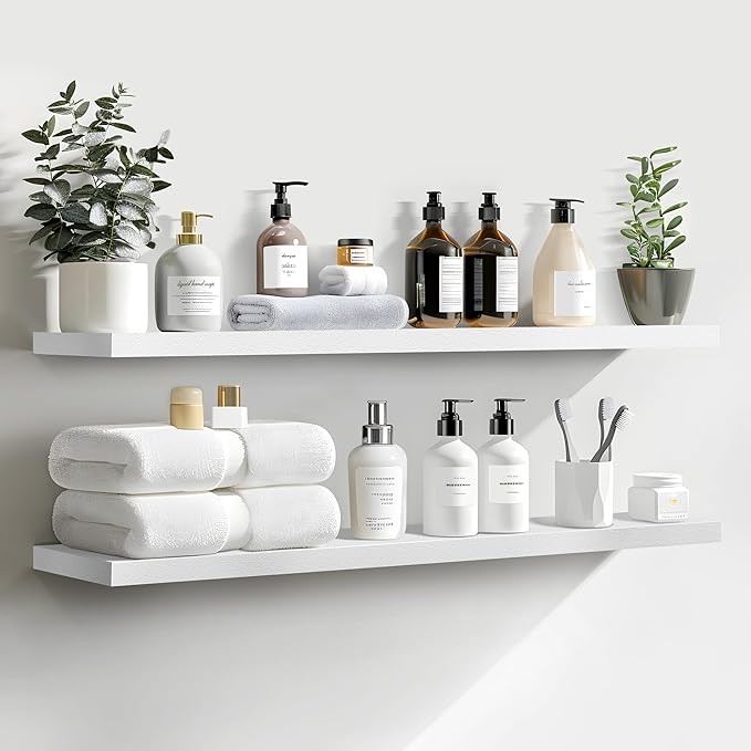 LaVie Home Floating Shelves, 36 Inch Wall Shelf Set of 2, Hanging Shelf with Invisible Brackets, Wall Decor for Bathroom, Bedroom, Living Room, Kitchen Storage, Modern White-Ruum Studio Home