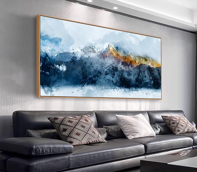 Framed Canvas Wall Art Indigo Abstract Mountain Pictures Wall Decor Blue Grey Orange Mountain Peaks Canvas Painting Prints Modern Abstract Artwork for Living Room Bedroom Decoration 24" x 48"-Ruum Studio Home