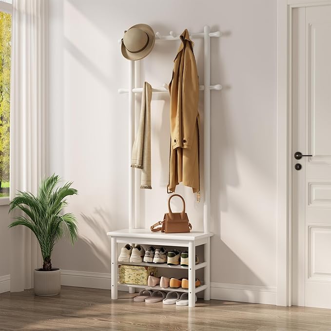 Coat Rack with Shoe Storage, Narrow Wooden Hall Tree with Bench, 11 Hooks and 2-Tier Storage Shelves, 3-in-1, Entryway Bench with Coat Rack (23.6"-Deep White)-Ruum Studio Home