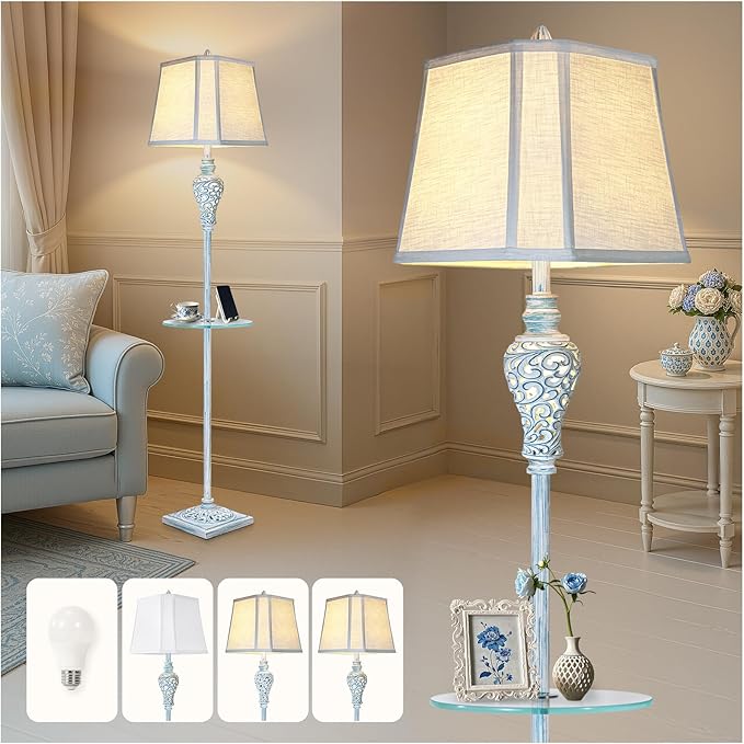 Vintage Floor Lamp with Night Light and Glass Tray, 65" High Retro Standing Lamp with Washed Blue Finish and White Linen Shade, Farmhouse Tall Lamp Decor for Living Room Bedroom House (Bulb Included)-Ruum Studio Home