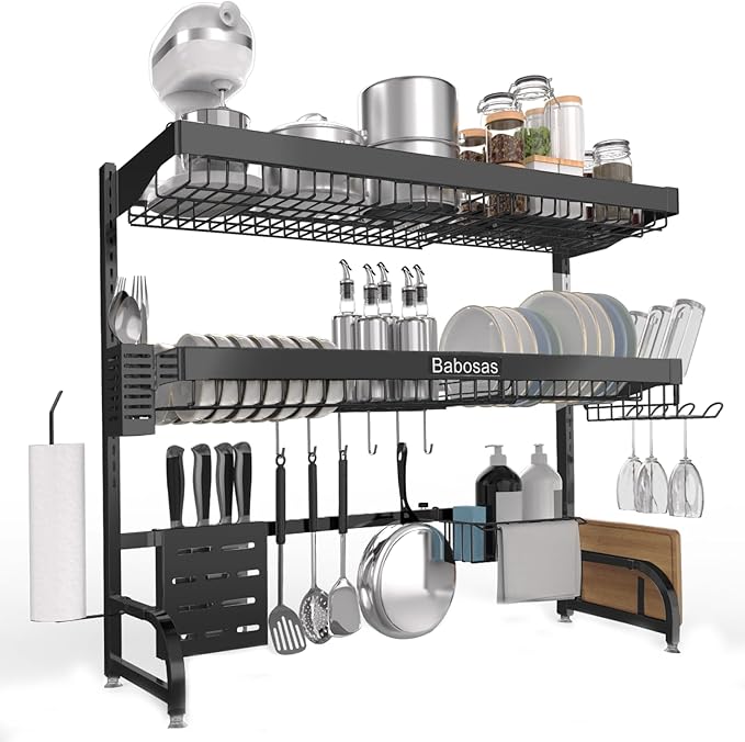Over The Sink Dish Drying Rack,3 Tier Adjustable Length (25.5'' to 37.4'') Full Stainless Steel Large Storage Kitchen Dish Rack,for Kitchen Counter Expandable Multifunctional Organizers,Black-Ruum Studio Home