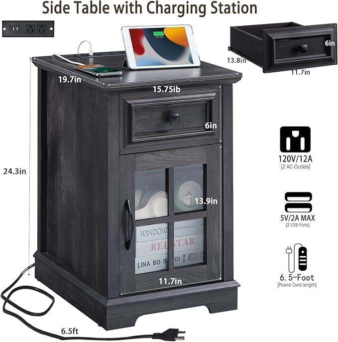 Farmhouse XXL End Table with Charging Station, Side Table with USB Ports and Outlets, Nightstand with Drawer and Glass Door Storage, Grey Bedside Tables for Living Room, Bedroom, Office-Ruum Studio Home