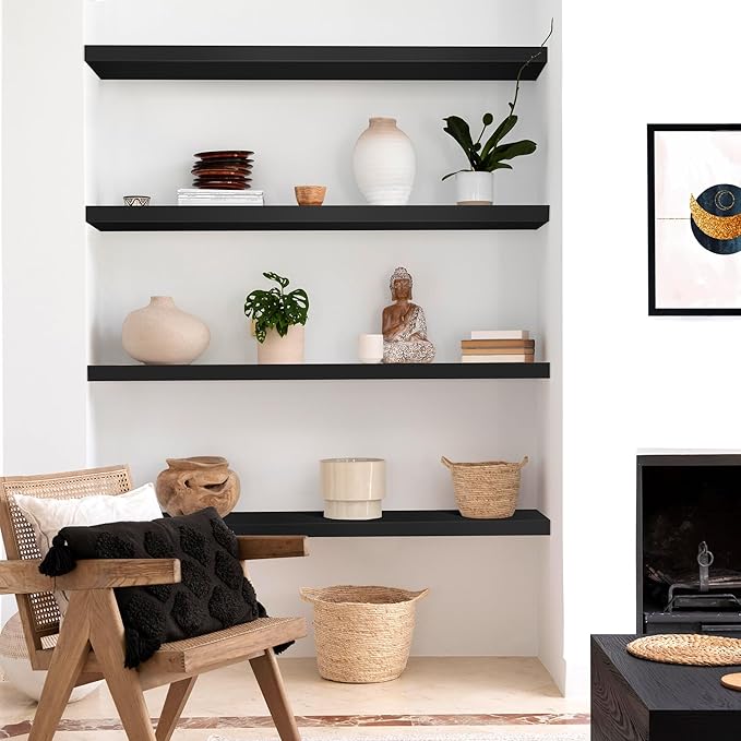LaVie Home Floating Shelves, 47 Inch Wall Shelf Set of 2, Hanging Shelf with Invisible Brackets, Wall Decor for Bathroom, Bedroom, Living Room, Kitchen Storage,Classic Black-Ruum Studio Home
