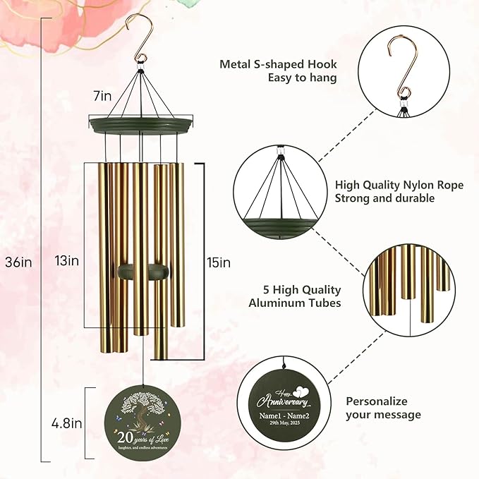 ASTARIN 20th Wind Chimes for Couple, Personalized Wind Chimes for Anniversary, Couple Gifts for Keepsake, Deep Tone Windchime Romantic Gift for Women Men-Ruum Studio Home