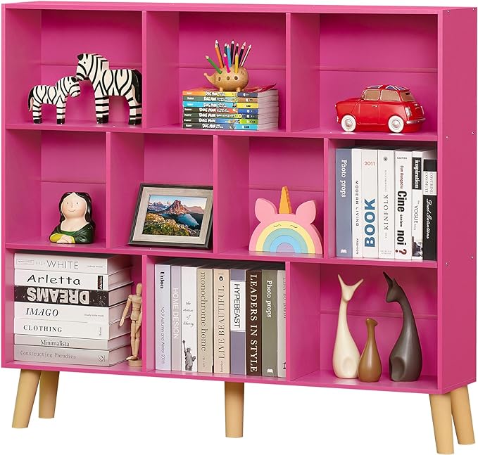 LEYAOYAO 10 Cube Bookshelf,3 Tier Modern Wide Bookcase with Legs,Mid-Century Wood Bookshelves Storage，Pink Large Book Case,Freestanding Organizer Display Shelf for Bedroom,Living Room,Office-Ruum Studio Home