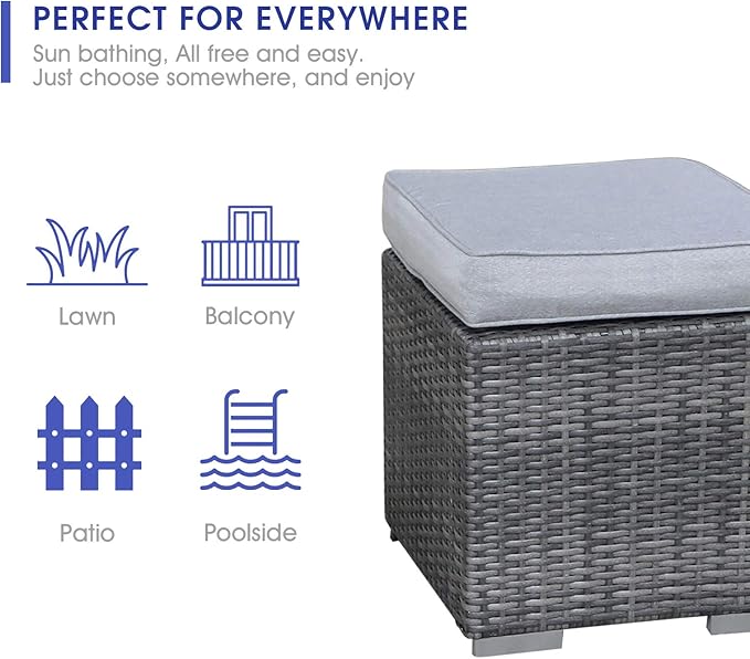 Patiorama 2 Pieces Assembled Outdoor Patio Ottoman, Indoor Outdoor All-Weather Grey Wicker Rattan Outdoor Footstool Footrest Seat with Light Grey Cushions, No Assembly Required-Ruum Studio Home