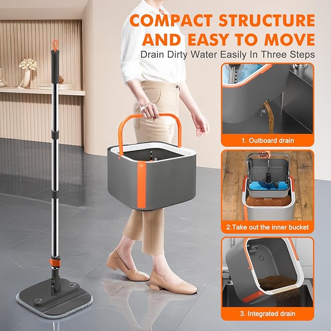Upgraded Spin Mop and Bucket Self-Standing Mop Bucket Separate Dirty and Clean Water System Self Wringing 360° Rotating Clean Mop and Bucket Set (Drak Gray, 14Pads Mop and Bucket Set)-Ruum Studio Home