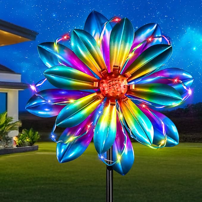 Flower Solar Wind Spinners- Metal Colorful Spinning Windmill Garden Ligths with LED Outdoor Decorative Stake Lighting Waterproof Flower Sculpture for Patio Yard-Ruum Studio Home