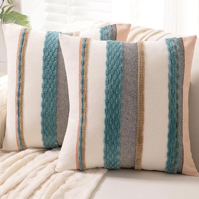 Boho Throw Pillow Covers 18x18 Set of 2 Farmhouse Decorative Cushion Case Striped Square Pillows Cover Chenille Pillow Cases Accent Neutral Pillowcase for Sofa Couch Bed,Blue-Ruum Studio Home