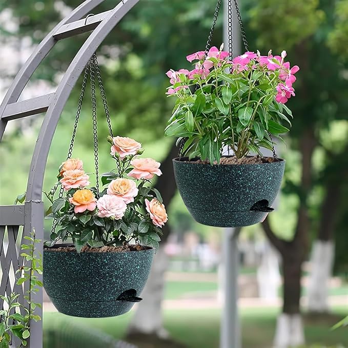 12 Inch Hanging Baskets 2 PC with Chains, Self-Watering Hanging Planters for Indoor Outdoor Plants, Plastic Hanging Flower Pots, Black with Green Speckles-Ruum Studio Home