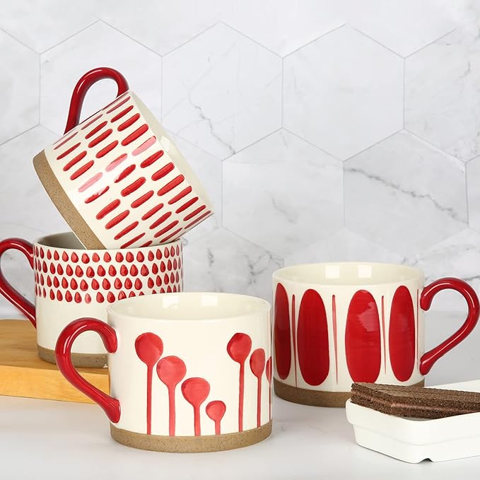 Koja Hand Painted 15 oz. Porcelain Ceramic Mugs Set. Service for 4. (Hand Painted - Red)-Ruum Studio Home