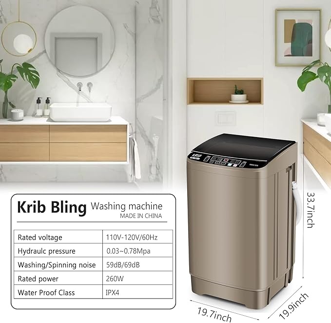 Full Automatic Washing Machine with LED Display, 17.7 lbs Portable Washer Drain Pump, 10 Programs & 8 Water Levels Selections, Ideal for RV, Camping, Apartment, Dorm, Gold-Ruum Studio Home