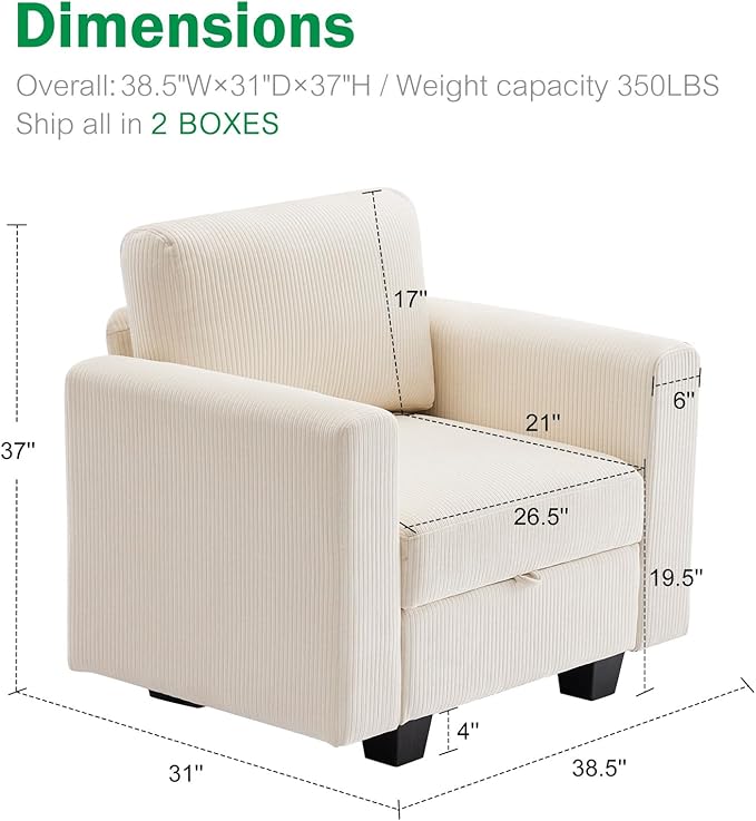 38.5 Oversized Accent Chair with Storage Ivory Corduroy Set of 2, Single Modern Accent Sofa with Arms Chair for Apartment Living Room (21" Deep Seat)-Ruum Studio Home