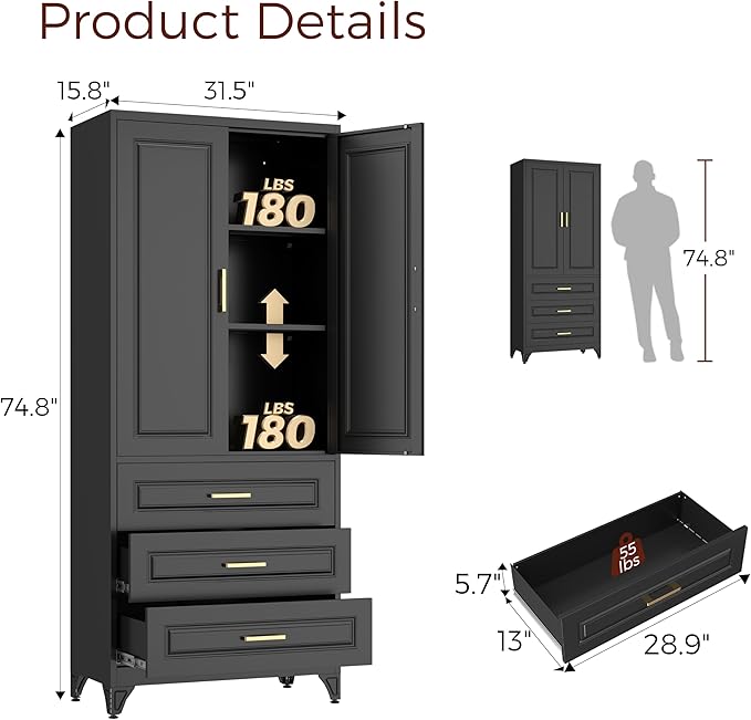 75" Kitchen Pantry Cabinet, Metal Storage Cabinets with Doors and Adjustable Shelves, Black Tall Pantry Cabinet with 3 Drawers for Dinning Living Room-Ruum Studio Home