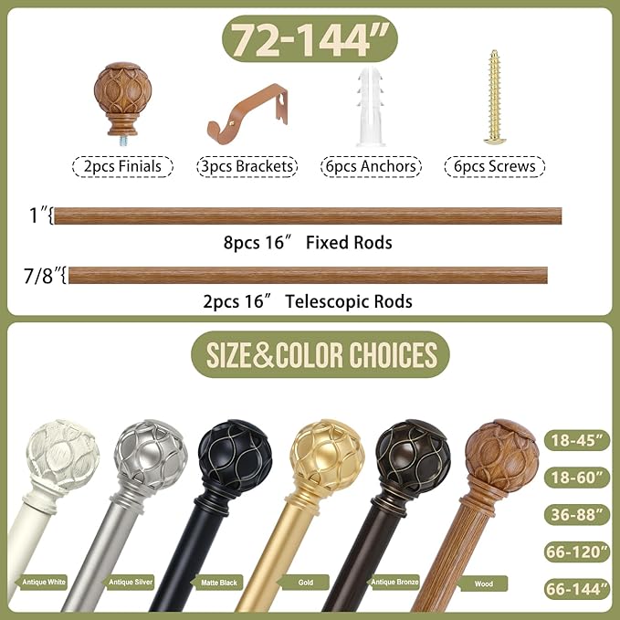 Wood Boho Curtain Rods for Windows:72-144Inch Wooden Farmhouse Curtain Rod for Bedroom Living Room,Heavy Duty Adjustable Rustic Decorative Drapery Rod with Vintage Imitation Wood Finial,Brown-Ruum Studio Home