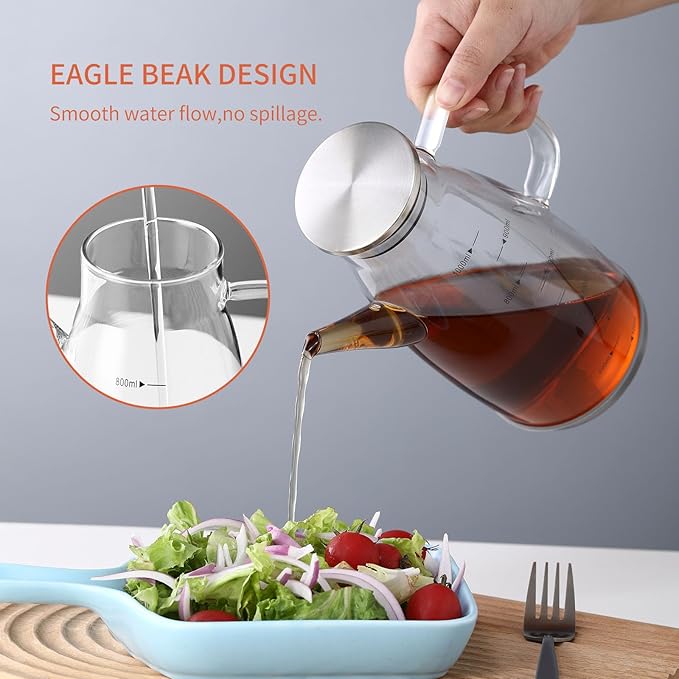 Large Glass Oil Dispenser Bottle for Kitchen Cooking Recipiente Para Aceite De Cocina Olive Oil Vinegar Dispenser Cruet Stainless Steel Lid No Drip Liquid Container (Clear, 34oz /1000ml)-Ruum Studio Home