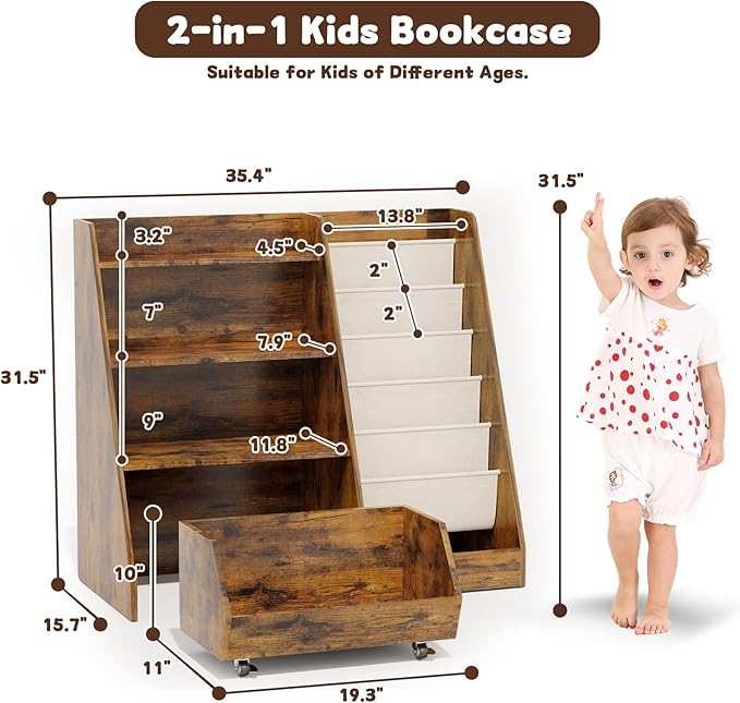 COZPAW Kids Bookshelf and Toy Storage, 4 Tier Toddler Bookshelf with Movable Drawer 5 Sling Pockets, Montessori Book Shelf for Kids Room, Playroom, Nursery (Brown)-Ruum Studio Home
