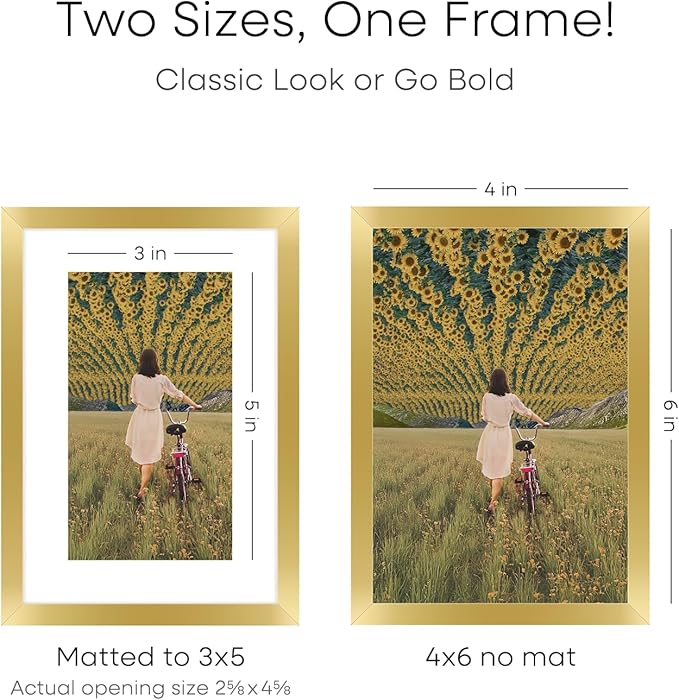 Homeforia 4x6 Picture Frame Gold, High End Metal 4 x 6 Gold Frames with Mat 3 x 5 for Print, 4by6 Desk Frame Matted to 3x5 inch Photo, 4 by 6 Wall or Tabletop Frame, Tempered Glass, Wall Kit, Set of 1-Ruum Studio Home