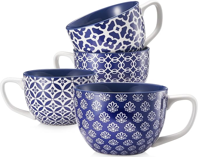 DOWAN Coffee Mugs Set of 4, 24 oz Large Coffee Mugs, Jumbo Soup Mugs With Handles, Ceramic Coffee Cups for Coffee Cereal Latte for Men Women, Housewarming Wedding Gift, Vintage Blue-Ruum Studio Home