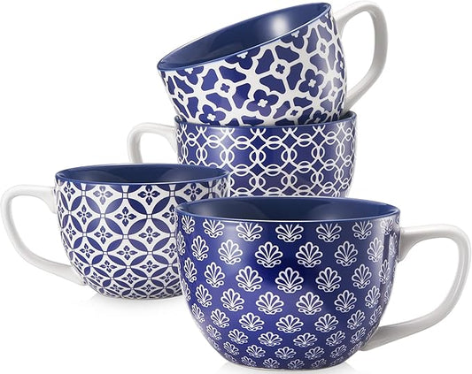 DOWAN Coffee Mugs Set of 4, 24 oz Large Coffee Mugs, Jumbo Soup Mugs With Handles, Ceramic Coffee Cups for Coffee Cereal Latte for Men Women, Housewarming Wedding Gift, Vintage Blue-Ruum Studio Home