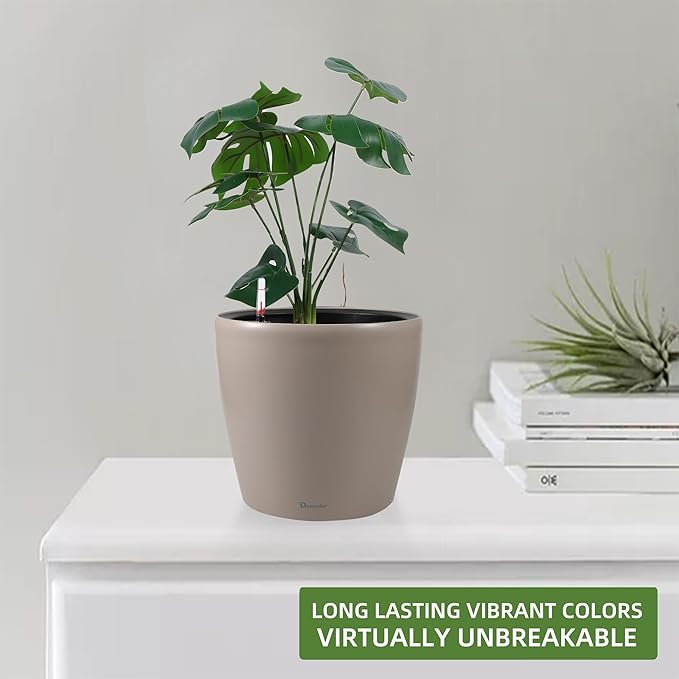 Dexceder 11x10 Inches Self Watering Planter Indoor Outdoor, Inner Pot Design, Thickened Table Flower Plant Pot with Water Level Indicator (Taupe Matte)-Ruum Studio Home