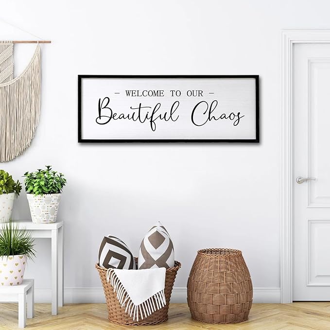 Welcome To Our Beautiful Chaos Sign Wall Decor Framed Wood 32X12 Inch For Rustic Home Living Room Entryway Bedroom Hanging Art (Wood)-Ruum Studio Home