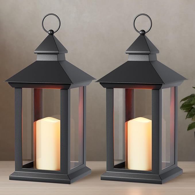 Lanterns Decorative Indoor, 2 Pack Black Outdoor Lantern with Timer, 14" Lantern Waterproof with Battery Operated Candle, Outdoor Hanging Lanterns for Porch, Patio, Wedding Decor-Ruum Studio Home