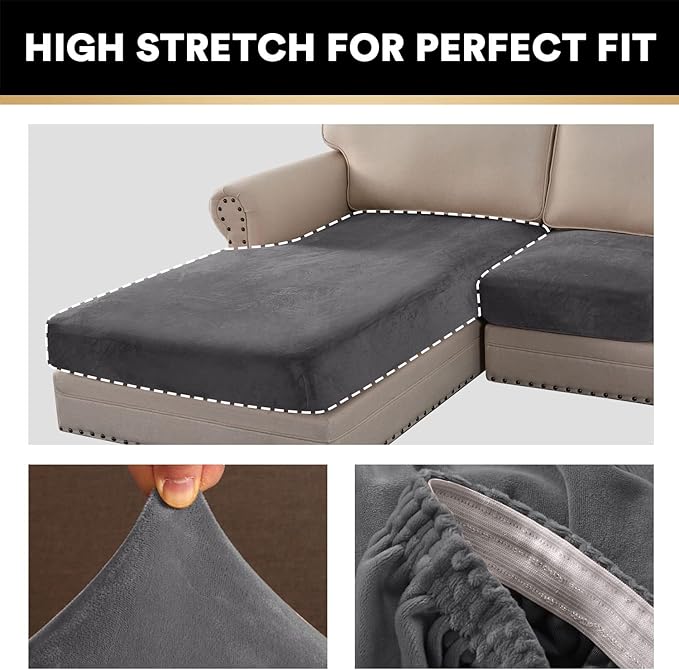 PrinceDeco Sectional Couch Covers 3 Pieces Velvet Sofa Covers L Shape Soft Couch Covers for Sectional Sofa Corner Sofa Cover Couch Cover for Dogs Washable (2 Seater + 1 Chaise,Grey)-Ruum Studio Home