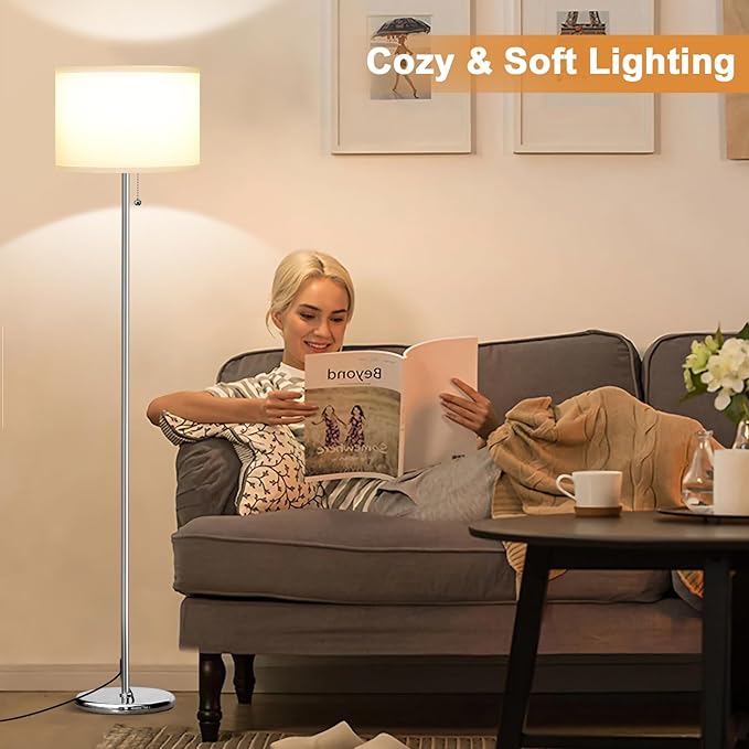 Ambimall Floor Lamps for Living Room with 3 Color Temperatures Bulb & Pull Chain Switch, 60" Modern Standing Floor Lamp for Bedroom Kids Room Study Room(White Shade & Silver Pole)-Ruum Studio Home